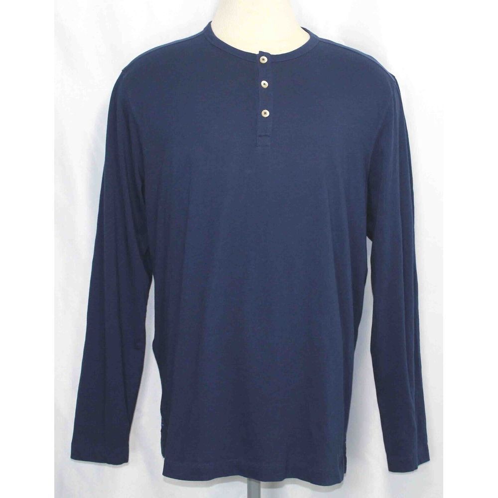 Tommy Bahama Navy Blue Pima‎ Cotton 3 Button L/S Henley Shirt Mens Size L